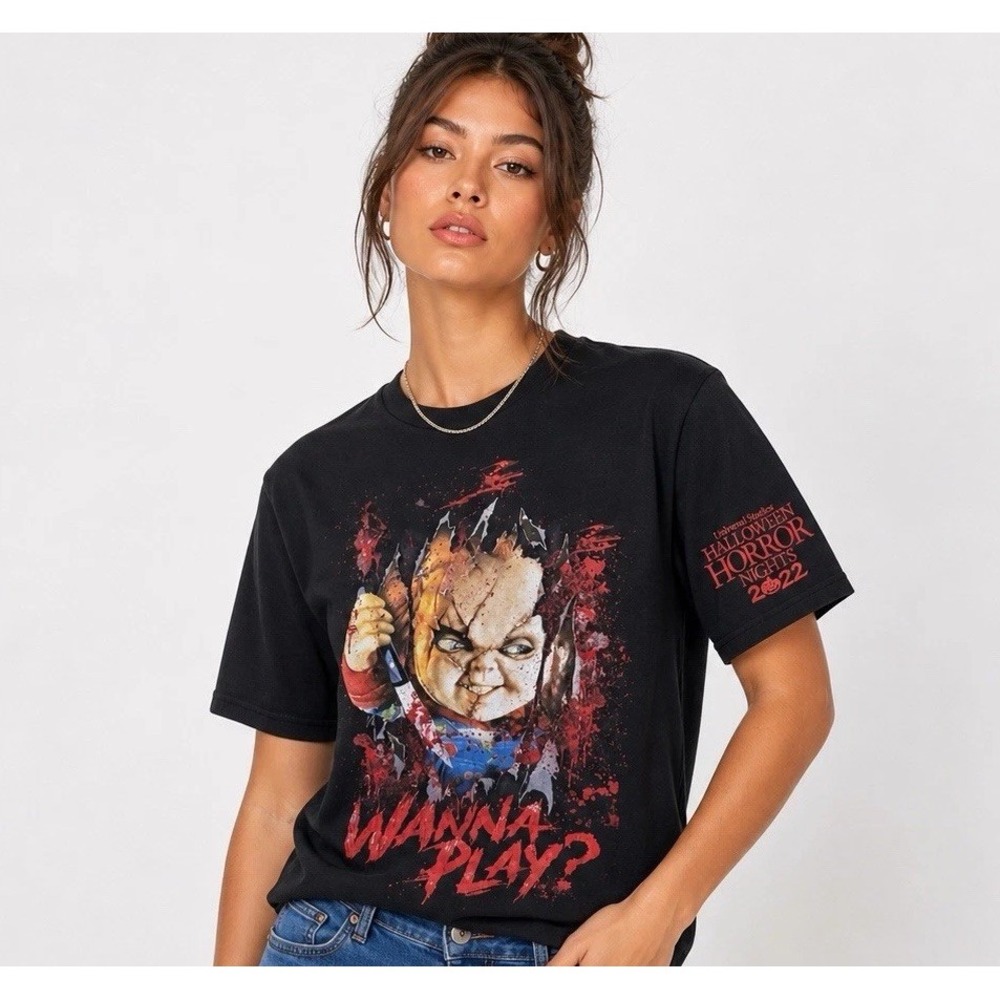 Universal Studios Womens S Black Chucky Wanna Play Shirt Halloween Horror Nights